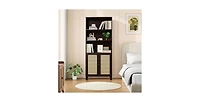 Flynama Tall 5-Tier Bookshelf with Rattan Closed Doors Large-Capacity Wooden Home Library Storage Bookcase