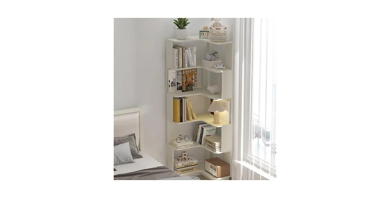 Flynama 6-Tier L-Shaped Corner Bookshelf, Anti-fall Baffle Hollow Back Home Storage Rack