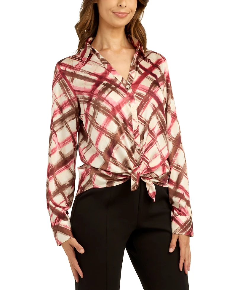 Bcx Juniors' Printed Satin Collared Button-Up Shirt