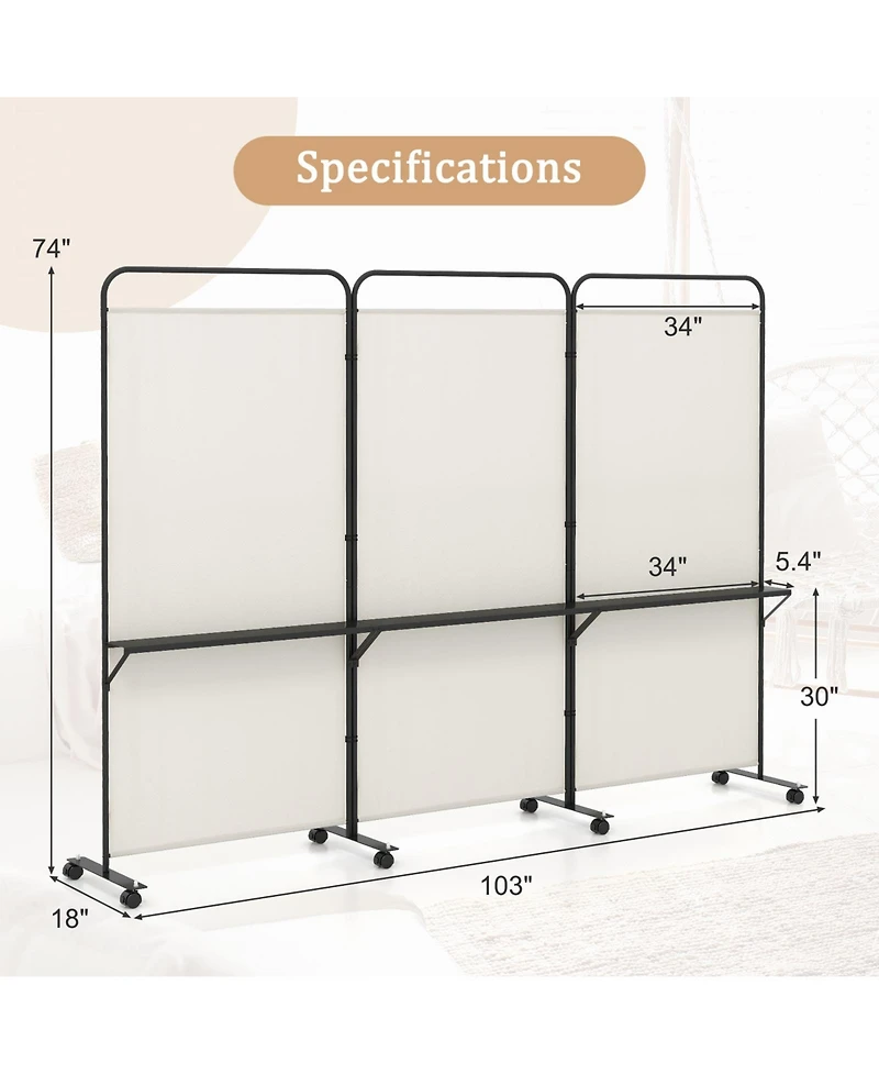 Slickblue 3 Panel Room Divider Screen with Storage Shelves and Rolling Wheels