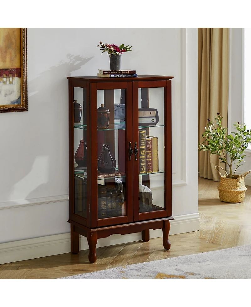flynama 3-Tier Lighted Glass Curio Cabinet Acrylic Mirror Back Adjustable Tempered Glass Shelf Home Collection Display Cabinet