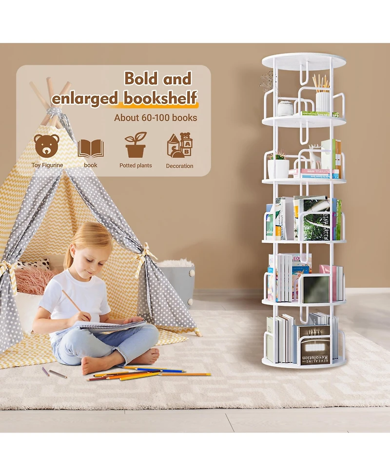 Flynama 5-Tier 360 Degree Rotating Book Tower Vertical Spinning Design Space-Saving Home Living Room Storage Organizer