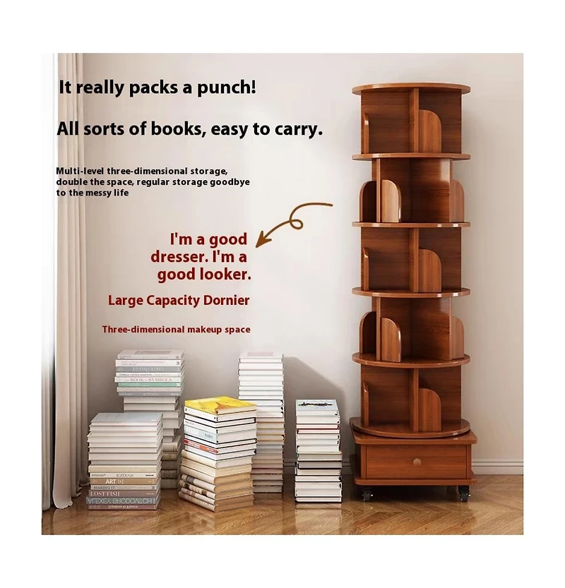 flynama 360 Degree Rotating 6-Tier Corner Bookshelf with Wheels