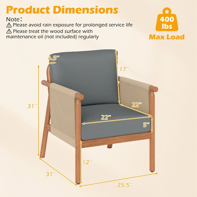 Costway Patio Acacia Wood Chair with Woven Rope Armrests and Seat Back Cushions for Backyard