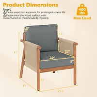 Costway Patio Acacia Wood Chair with Woven Rope Armrests and Seat Back Cushions for Backyard