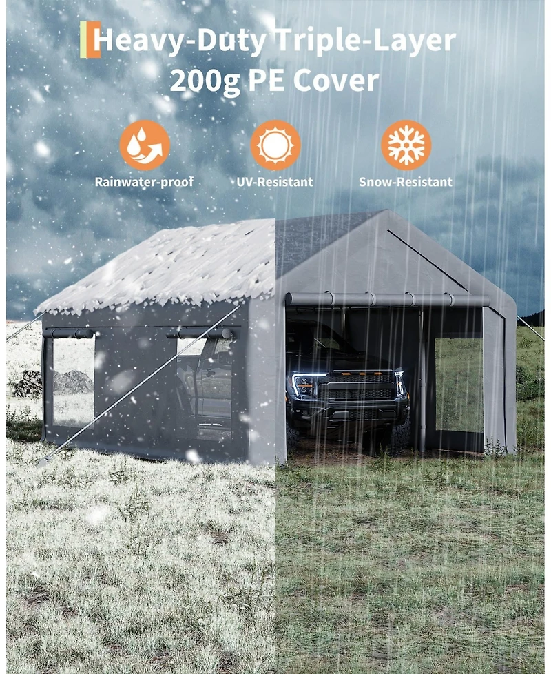 Homfan Pe Carport Canopy with Galvanized Steel Frame, Heavy Duty Outdoor Vehicle Shelter with Windows Doors