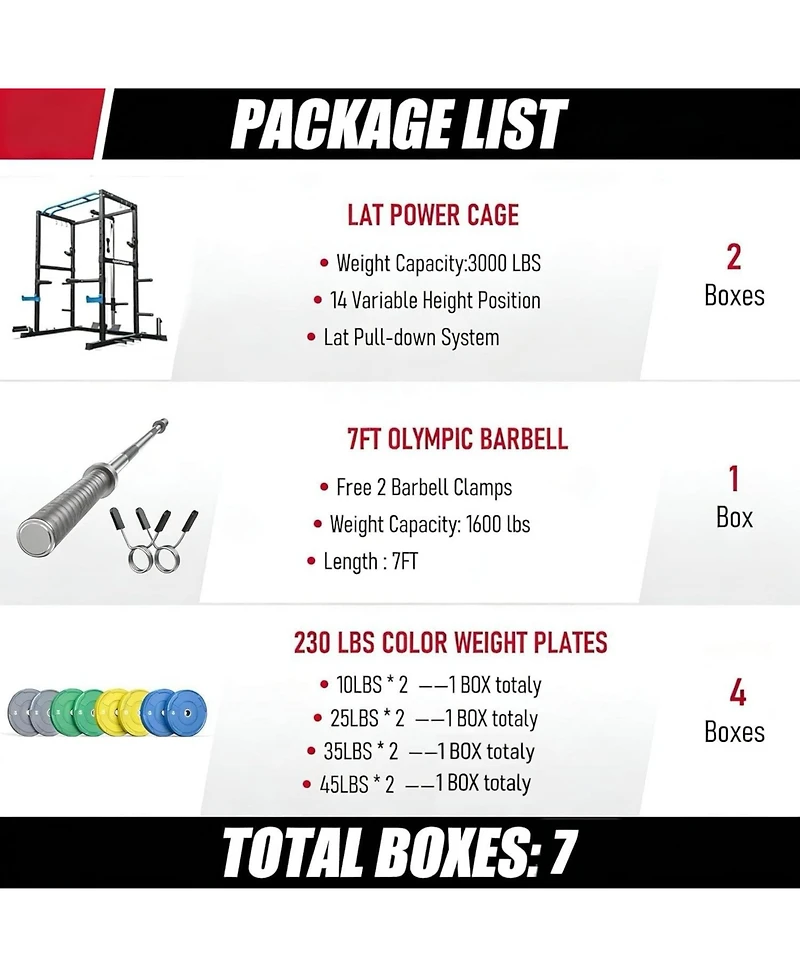 Fed Fitness Power Rack Cage with Weight Plates and 7FT Olympic Barbell, All-in-One Home Gym Squat Workout Station Pulley System