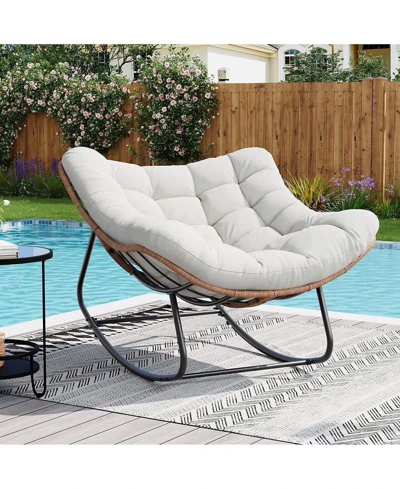 Outdoor Rocking Chair: 30degree(s) Gentle Extra-Large Papasan Chair with Cushion Metal and Pe Rattan Frame 400-pound Weight Capacity