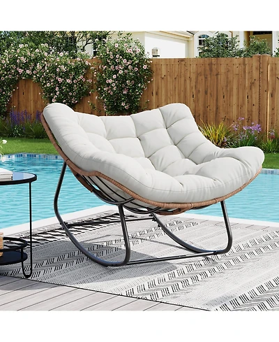 Outdoor Rocking Chair: 30degree(s) Gentle Extra-Large Papasan Chair with Cushion Metal and Pe Rattan Frame 400-pound Weight Capacity