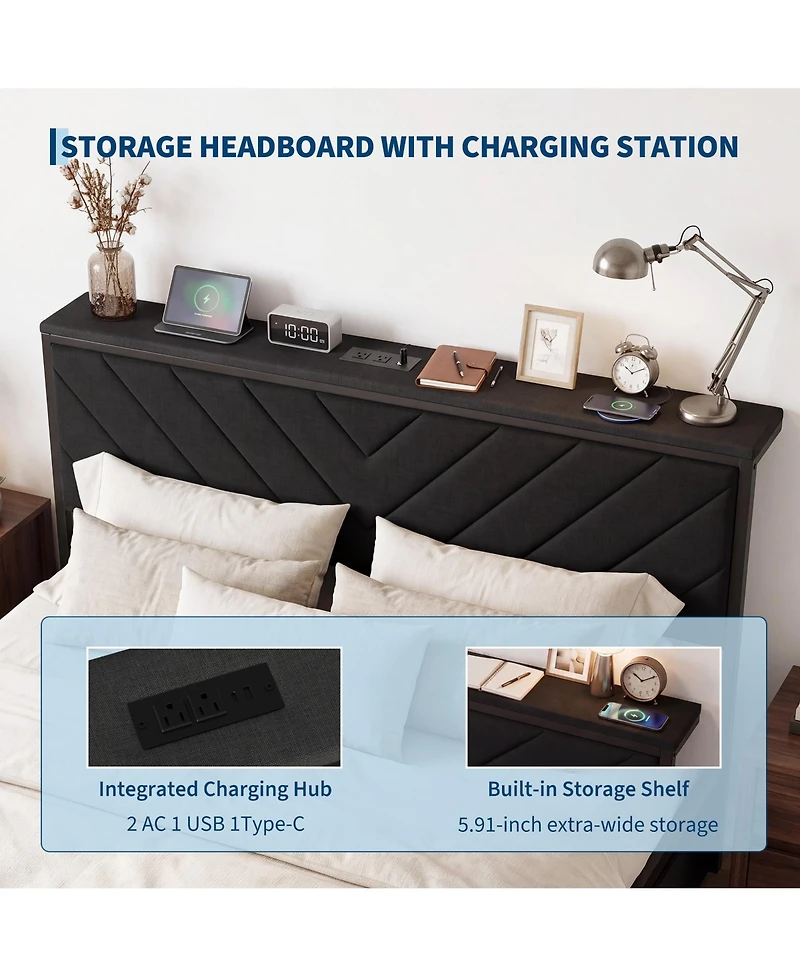 Modern Upholstered Platform Bed with 2 Storage Drawers and Built-In Power Outlet, Heavy-Duty Steel Slats, No Box Spring Needed