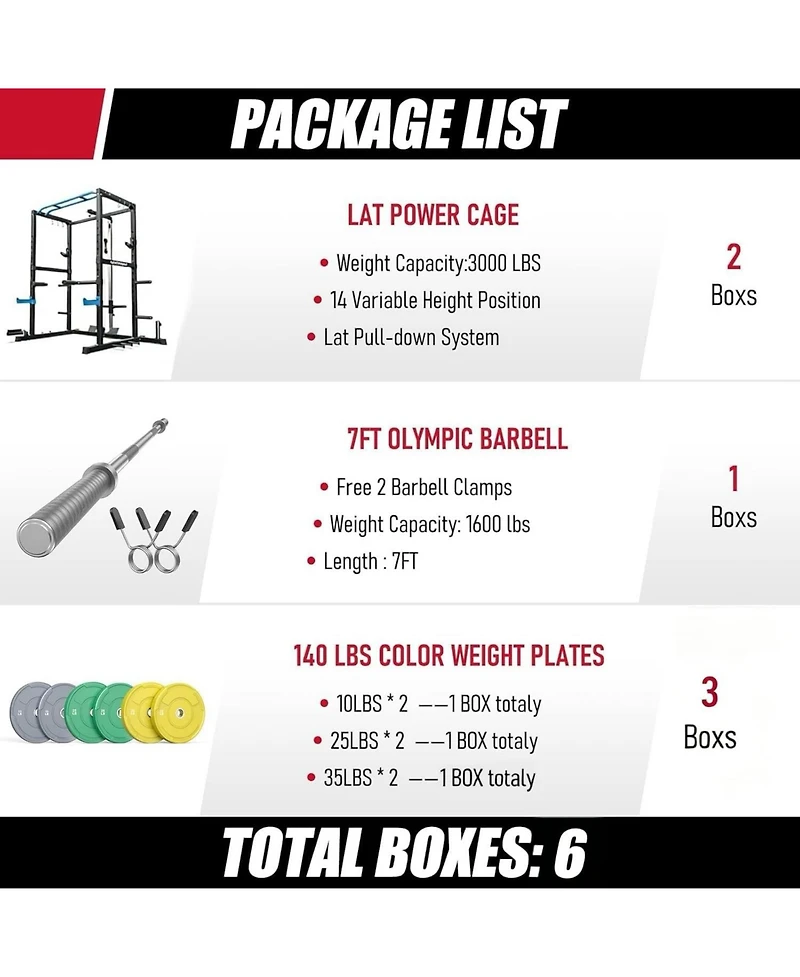 Fed Fitness Power Rack Cage with 140LB Weight Plates and 7FT Olympic Barbell, All-in-One Home Gym Squat Workout Station Pulley System