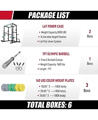 Fed Fitness Power Rack Cage with 140LB Weight Plates and 7FT Olympic Barbell, All-in-One Home Gym Squat Workout Station Pulley System
