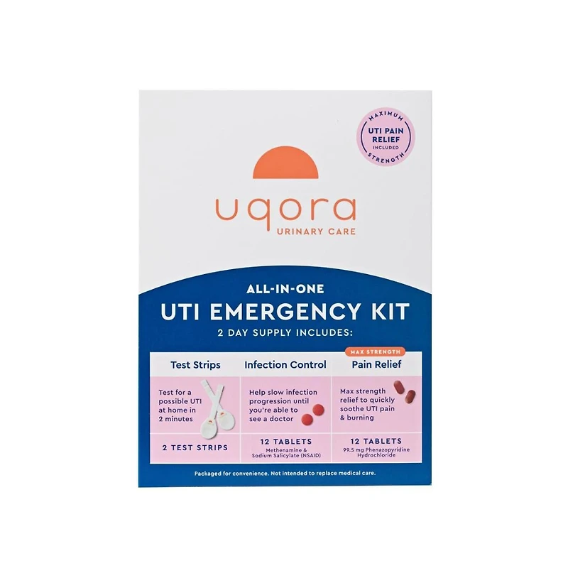 Uqora Uti Emergency Kit - 2 Urinary Tract Infection Test Strips, 12 Uti Pain Relief Tablets and 12 Infection Control Tablets
