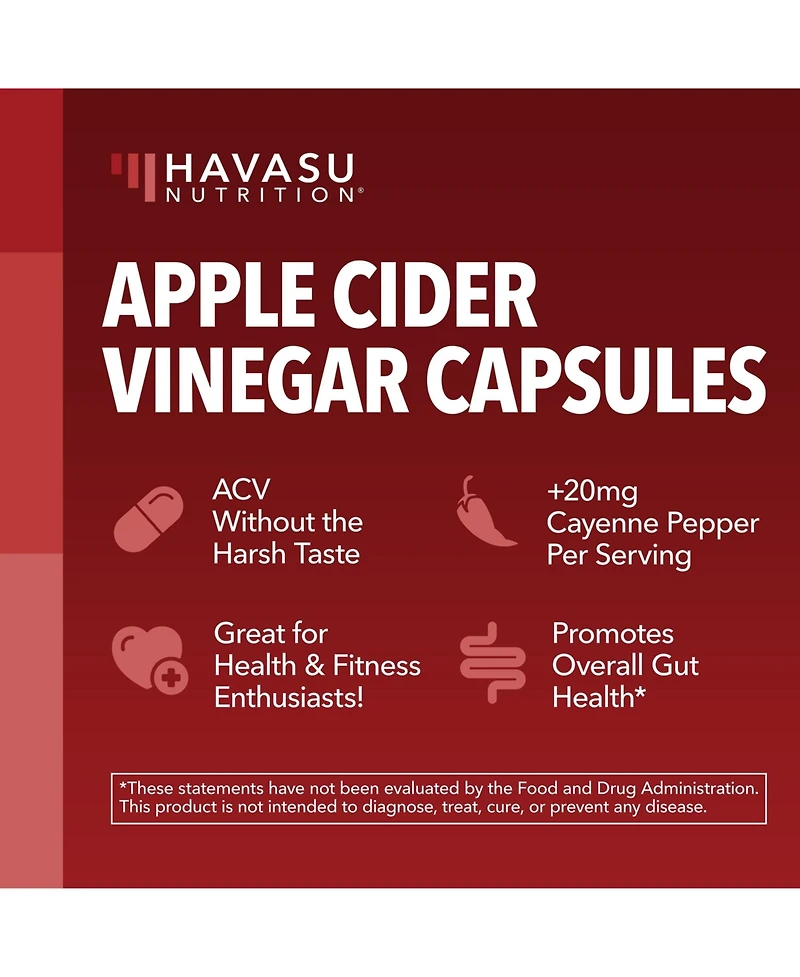 Apple Cider Vinegar Pills, Acv Capsules + Cayenne Pepper, Appetite Suppressant for Weight Loss, Havasu Nutrition, 60ct