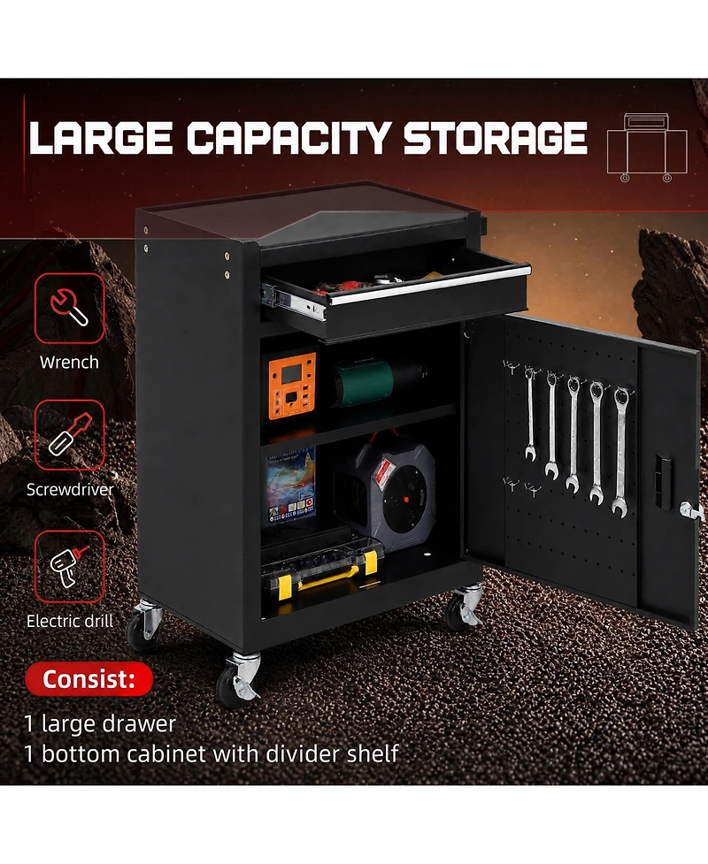 2-in-1 Tool Storage Cabinet: A lockable, -drawer metal tool cart on casters. Features a removable top toolbox, protective lining