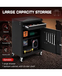 2-in-1 Tool Storage Cabinet: A lockable, -drawer metal tool cart on casters. Features a removable top toolbox, protective lining