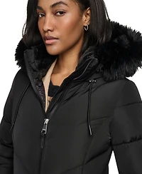 Dkny Women's Walker Length Puffer with Faux Fur Trimmed Hood Coat