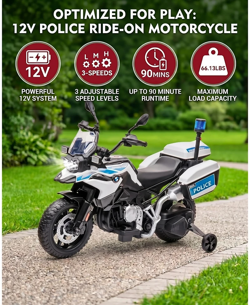 homfan Licensed Kids Ride On Police Motorcycle, 12v Electric Toy with Eva Tires and Warning Lights for Boys and Girls