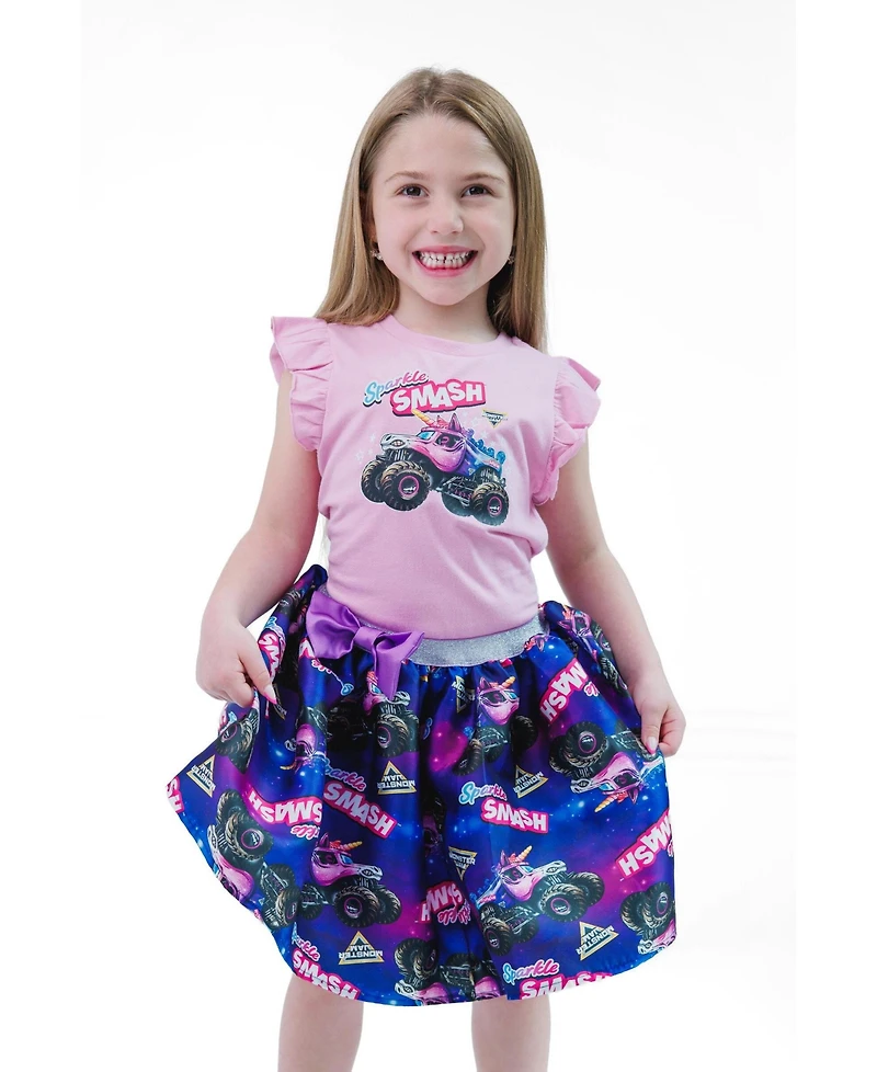 Monster Jam Sparkle Smash Girls' (5 - 12) Shirt and Skirt Set with Bag