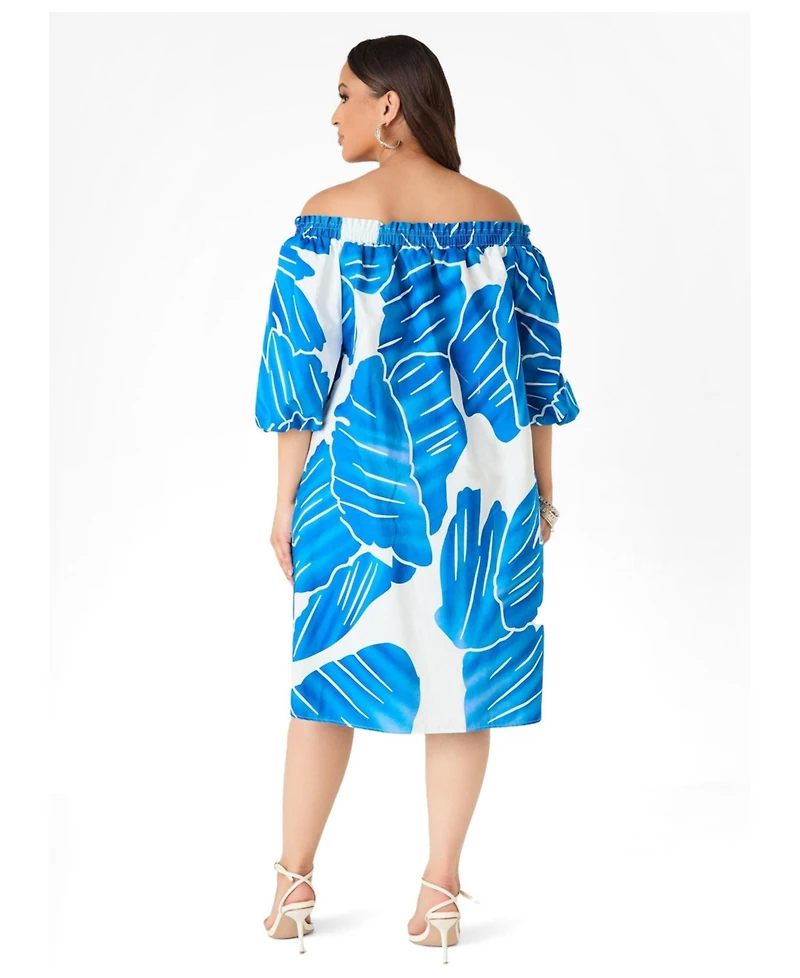 Ashley Stewart Women's Plus Off The Shoulder Leaf Print Dress