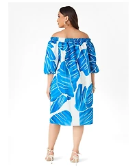 Ashley Stewart Women's Plus Off The Shoulder Leaf Print Dress