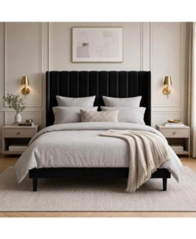 Homfan Upholstered Platform Bed Frame 52 Velvet Tufted Wingback Headboard Vertical Channel Design Wooden Slat Support No Box Spring Needed