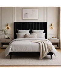 Homfan Upholstered Platform Bed Frame 52 Velvet Tufted Wingback Headboard Vertical Channel Design Wooden Slat Support No Box Spring Needed