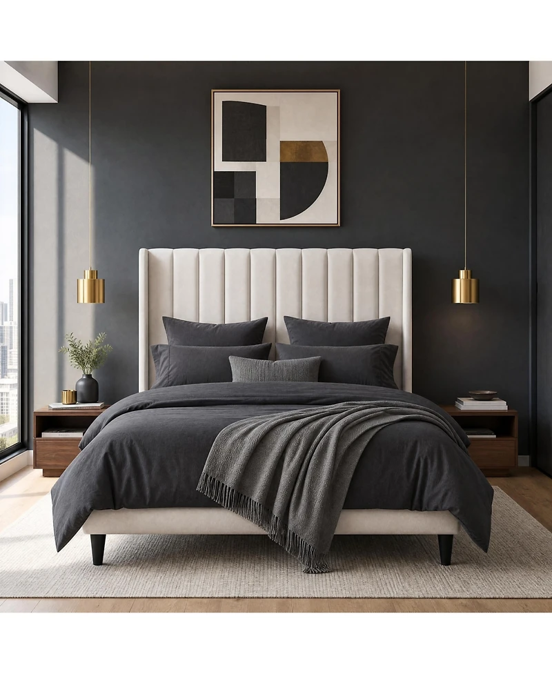homfan Upholstered Platform Bed Frame - 52" Velvet Tufted Wingback Headboard, Vertical Channel Design, Wooden Slat Support