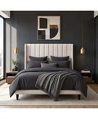 homfan Upholstered Platform Bed Frame - 52" Velvet Tufted Wingback Headboard, Vertical Channel Design, Wooden Slat Support