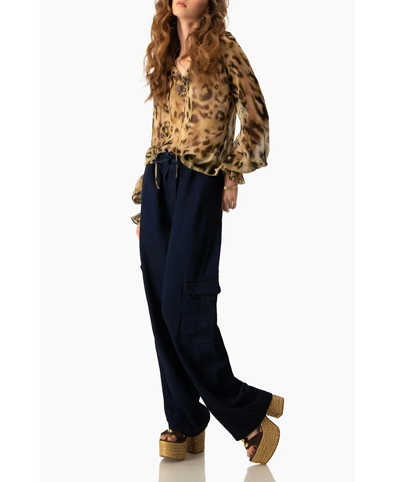 Ivonne Women's Sheer Chiffon Tie-Neck Blouse Abstract Animal Print