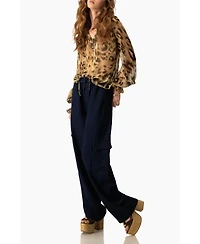 Ivonne Women's Sheer Chiffon Tie-Neck Blouse Abstract Animal Print