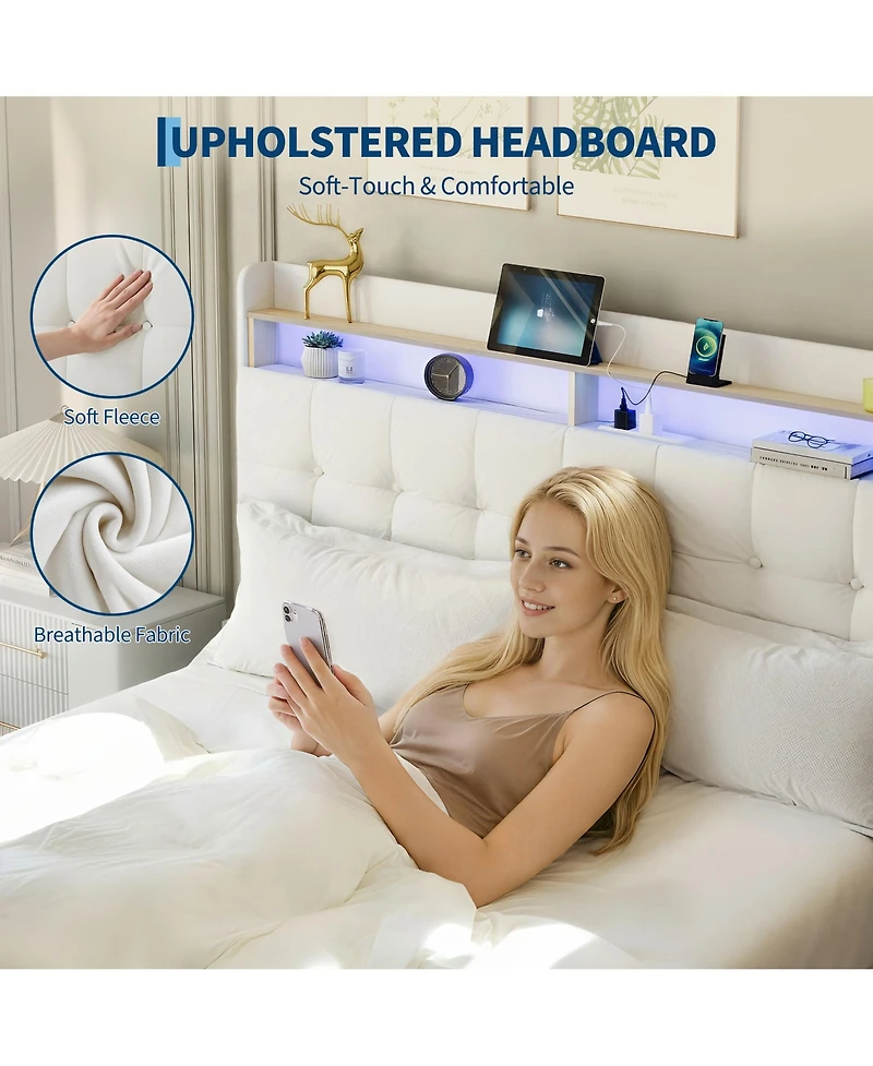 homfan Upholstered Bed Frame with 2 Storage Drawers, Led Headboard, Charging Station, Usb Port and Tufted Headboard
