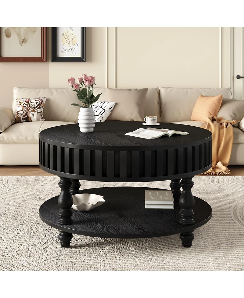 Clihome Modern Fluted Coffee Table with Storage, Finish Center Flip-Top Lid, Sturdy Solid Wood Legs for Mid Century Living Room