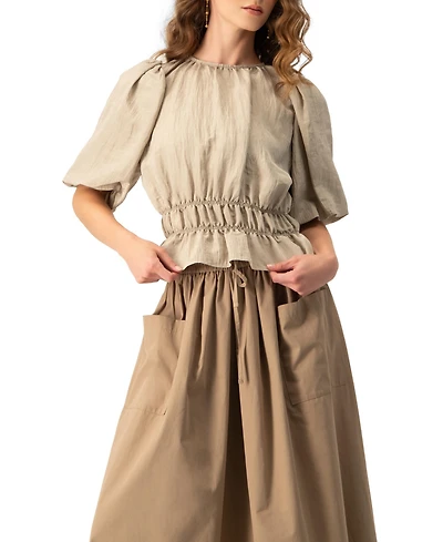 Ivonne Women's Puff Sleeve Peplum, Cinched Waist Crinkle Blouse