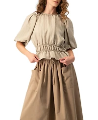 Ivonne Women's Puff Sleeve Peplum, Cinched Waist Crinkle Blouse