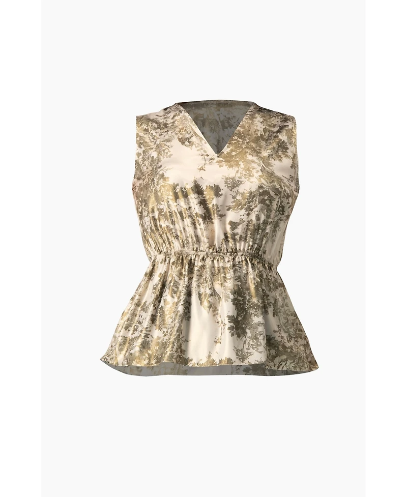 Ivonne Women's Sleeveless Peplum Blouse Abstract Botanical Print Top