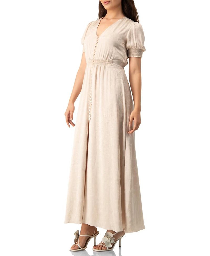 Ivonne Women's Jacquard Satin Button-Front Maxi Dress with Puff Sleeve and Smocked Waist