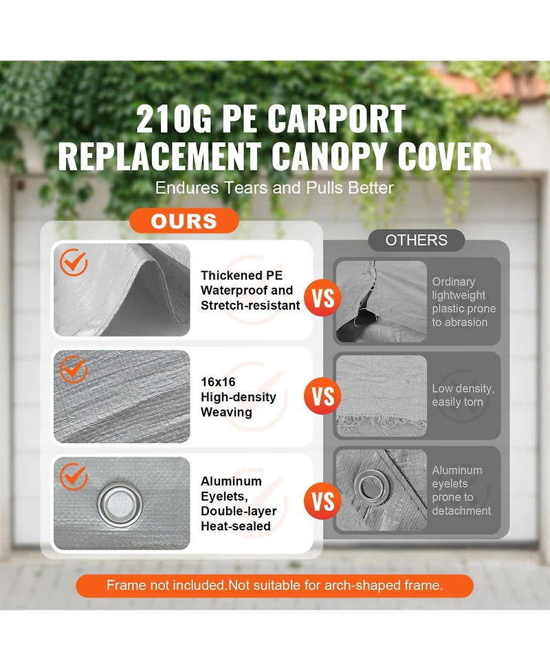 Vevor Carport Replacement Canopy Car Shelter Tent 13x20ft Grey Not Include Frame