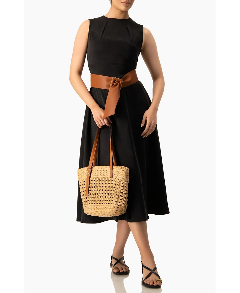 Ivonne Women's Sleeveless Tie-Waist A-Line Midi Fit-and-Flare Dress with Sash Belt