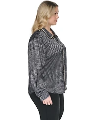 Karl Lagerfeld Paris Plus Tweed Print Collared Long-Sleeve Top