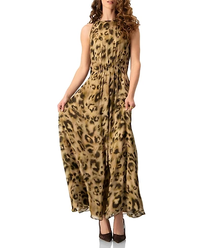 Ivonne Women's Abstract Animal Print Chiffon, Sleeveless Cinched-Waist A-Line Maxi Dress