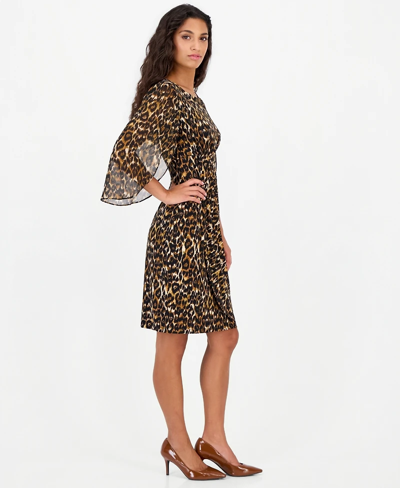 Connected Petite Leopard-Print Tulip-Sleeve Dress