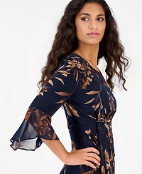 Connected Petite Side Tab Floral 3/4-Sleeve Flounce-Cuff Dress