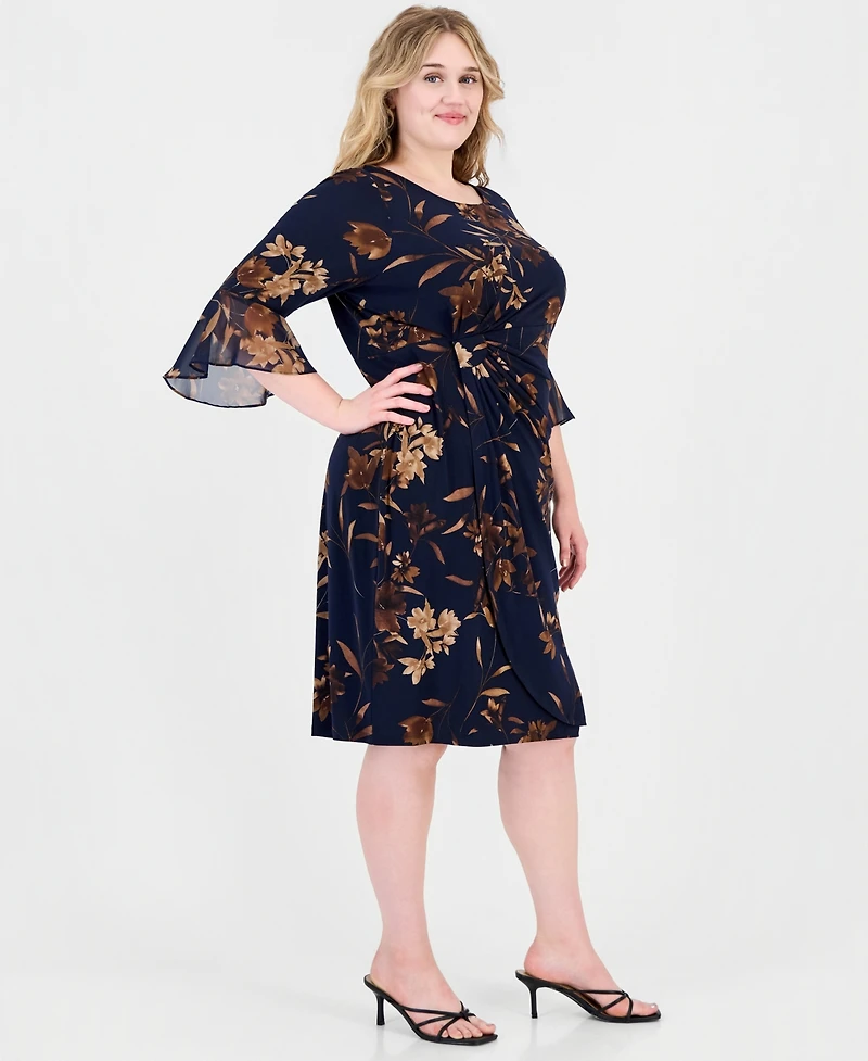 Connected Plus Floral-Print Wrap Bell-Sleeve Dress