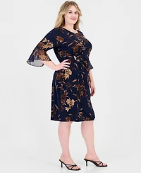 Connected Plus Floral-Print Wrap Bell-Sleeve Dress