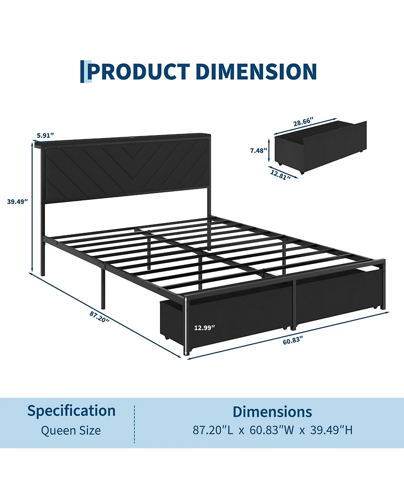 Upholstered Metal Platform Bed Frame with Charging Station Headboard & 2 Rolling Under Storage Drawers