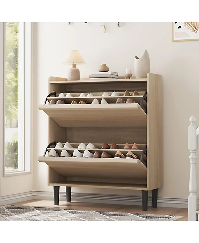 homfan 2 Flip Drawer Shoe Cabinet with Adjustable Shelf, Hidden Entryway Shoe Storage for Hallway, Living Room, Black or Oak Tone