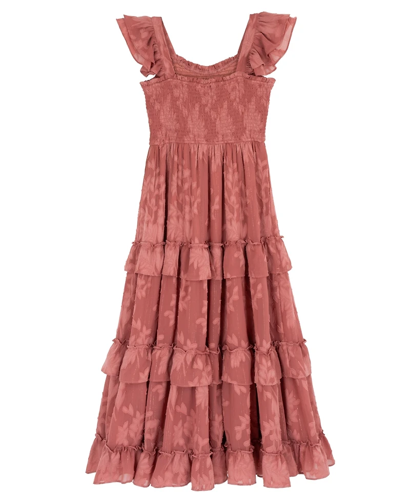 Rare Editions Girls' 7-14 Burnout Chiffon Smocked Sweetheart Neck Tiered Maxi Dress