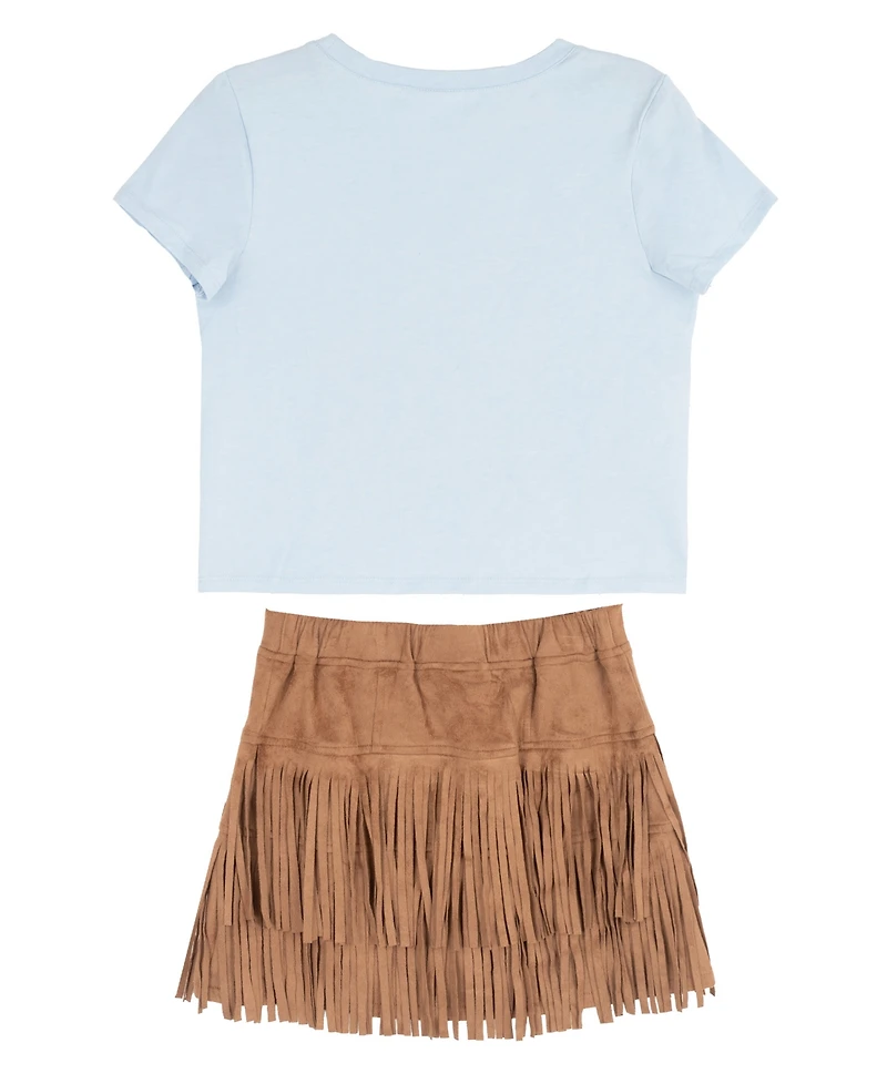 Tween Diva Girls' 7-12 Wild Heart Graphic T-Shirt and Studded Faux Suede Fringe Skort, 2-Piece Set