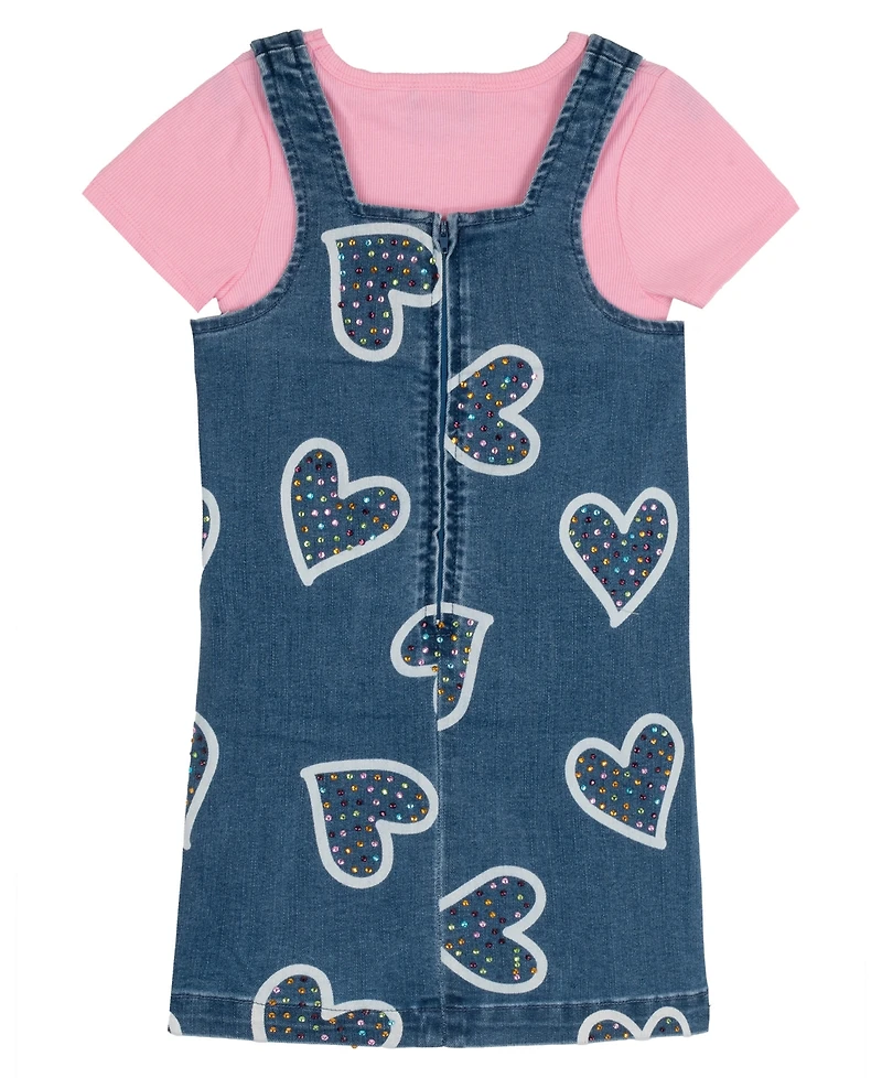 Rare Editions Girls' 2T-6X Short-Sleeve T-Shirt and Denim Jumper, 2-Piece Set